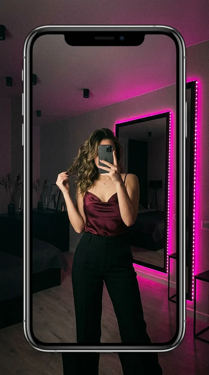 Ekran telefonu ze zdjęciem kobiety w bordowym topie, która robi selfie w lustrze, twarz zasłonięta telefonem