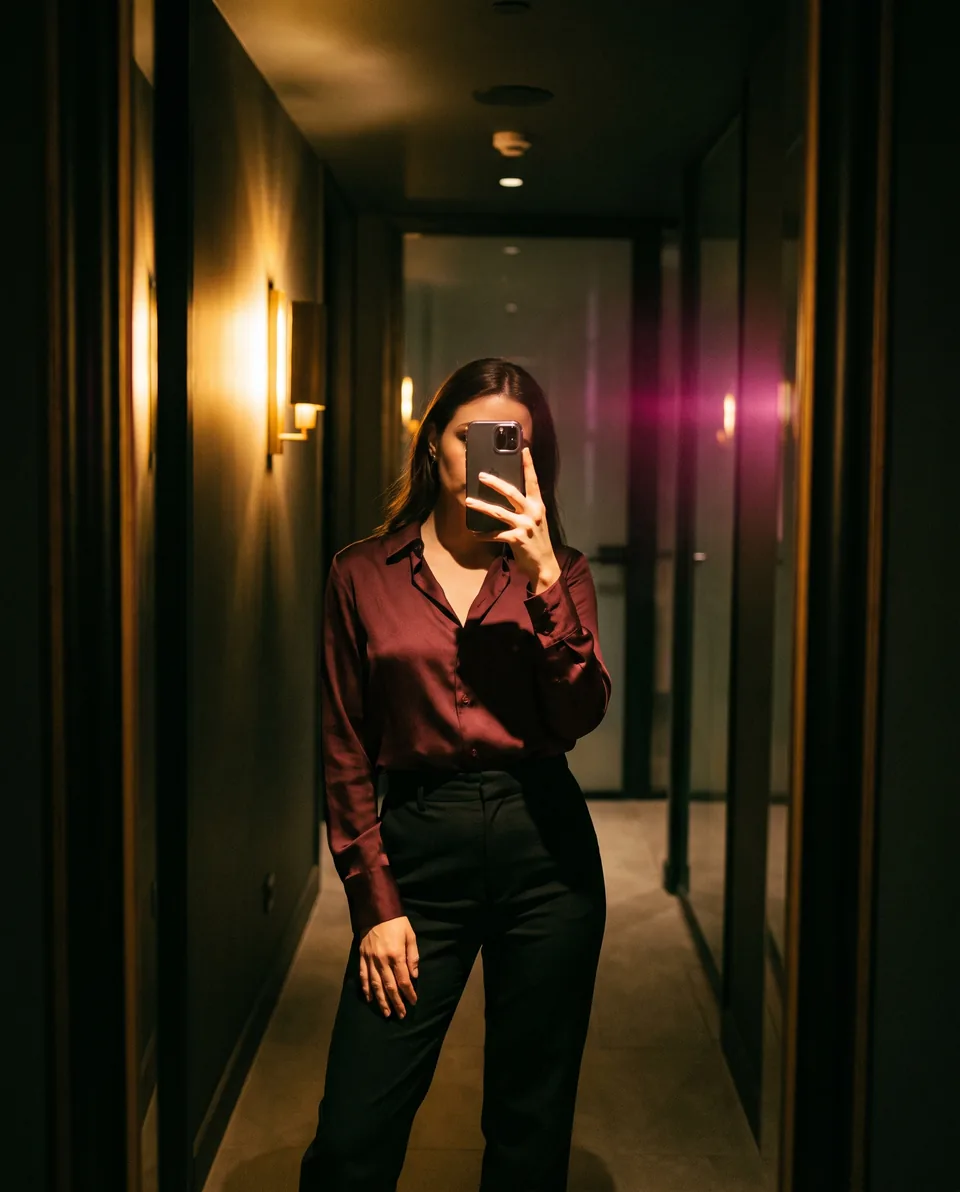 Kobieta robi lustrzane selfie telefonem w eleganckim wnętrzu