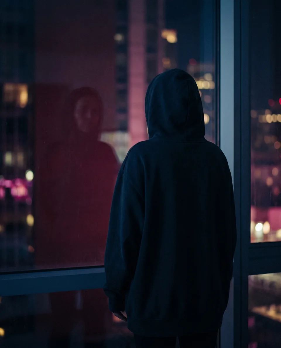 Kobieta w kapturze przy oknie nocą, odbicie świateł miasta w szybie