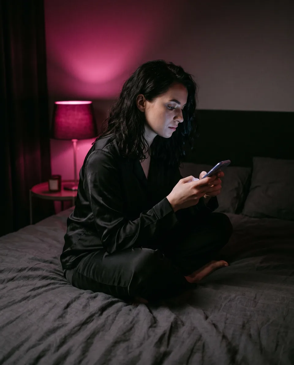 Kobieta czyta na telefonie, siedząc na łóżku w przyciemnionym pokoju