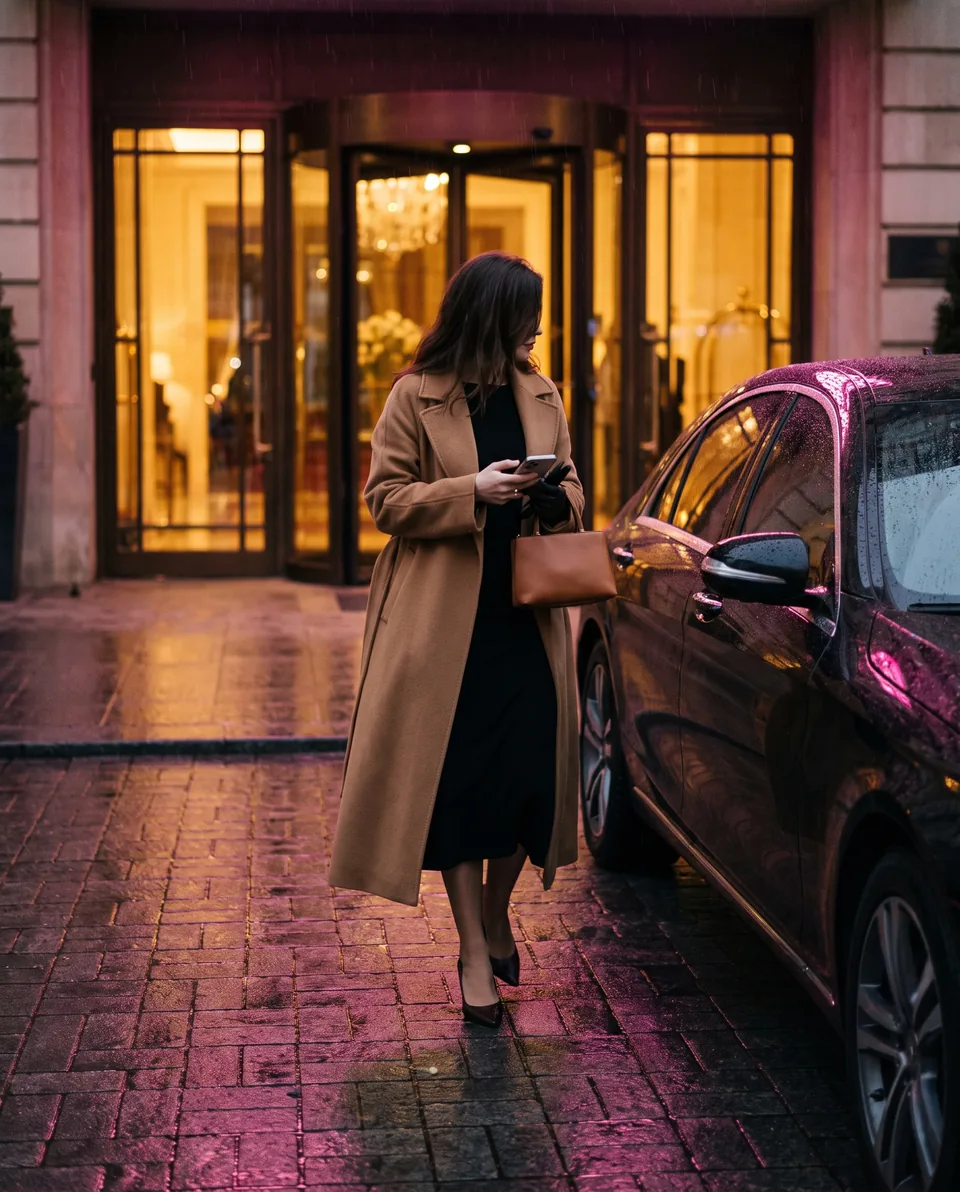 Kobieta w eleganckim płaszczu wysiada wieczorem z samochodu przed hotelem